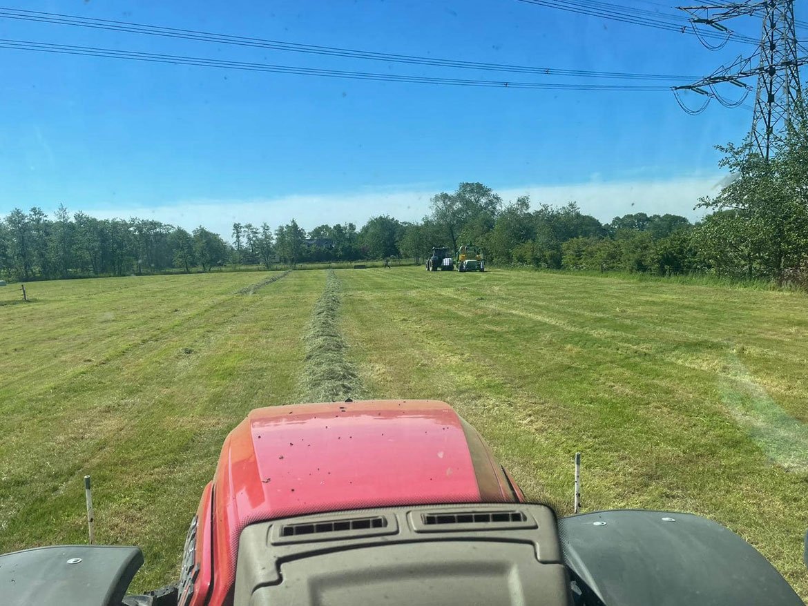 Zwaden gras op het land, gezien vanuit de tractor
